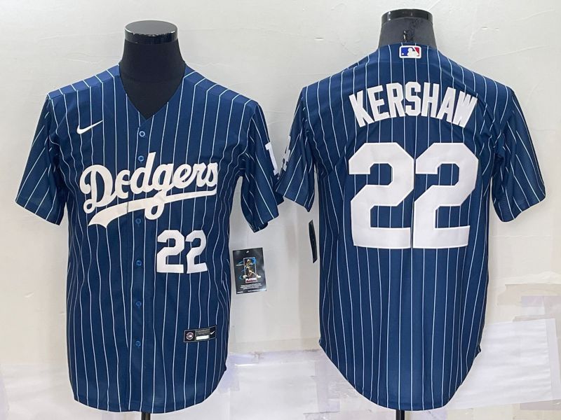 Men Los Angeles Dodgers 22 Kershaw Blue Stripe Throwback Nike 2022 MLB Jersey1